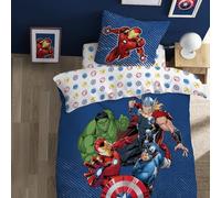 OMYDREAM Avengers Home Parure de lit imprimée Team | 100% Coton | Oeko-TEX | Housse de Couette 1 Personne garçon 140x200 cm + Taie d'oreiller 63x63 cm | Bleu