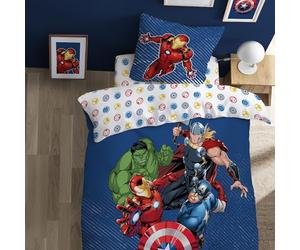 OMYDREAM Avengers Home Parure de lit imprimée Team | 100% Coton | Oeko-TEX | Housse de Couette 1 Personne garçon 140x200 cm + Taie d'oreiller 63x63 cm | Bleu