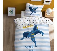 OMYDREAM Batman Team Parure de lit Enfant 1 Personne | 100% Coton | Oeko TEX | Housse de Couette 140x200 cm + Taie d'oreiller 63x63 cm | Imprimé Réversible Garçon | Bleu
