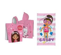 Gabby ET LA Maison Magique Duo ET Pink Ensemble Cape de Bain et Drap de Plage | 100% Coton | Oeko-TEX | 60x120cm + 70x120cm | Imprimé Fille | Rose