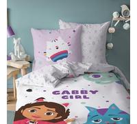 OMYDREAM Gabby et La Maison Magique World Parure de Lit Enfant | 100% Coton | Oeko-TEX | Housse de Couette 140x200 cm + Taie d'oreiller 63x63 cm | Imprimé Réversible | Fille (Blanc)