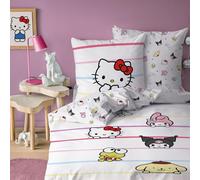 OMYDREAM Parure de lit Hello Kitty Friendly | Chambre Enfant 1 Personne | 100% Coton | Oeko-TEX | Housse de Couette 140x200 cm + Taie d'oreiller 63x63 cm | Imprimé Réversible | Fille