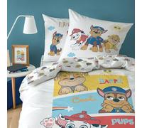Pat Patrouille Happy Parure de lit Enfant 1 Place | 100% Coton | Oeko-TEX | Housse de Couette 140x200 cm + Taie d'oreiller 63x63 cm | Blanc