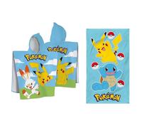 Pokemon Grass ET Port Ensemble Cape de Bain et Drap de Plage | 100% Coton | Oeko-TEX | 60x120cm + 70x120cm | Imprimé Garçon | Bleu