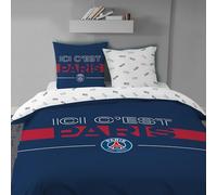 OMYDREAM PSG Devise Parure de lit | 100% Coton | Oeko-TEX | Housse de Couette 240x220cm + 2 Taies d'oreiller 63x63cm | Imprimé Garçon | Bleu