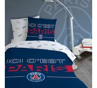 OMYDREAM PSG Devise Parure de lit imprimée 100% Coton - Licence Officielle | Housse de Couette 140x200 cm + 1 taie 63x63 cm | Fermeture boutons | Chambre enfant, lit 1 place | Certification Oeko-Tex