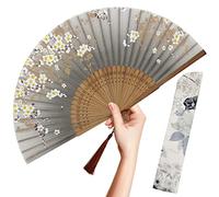 OMyTea Éventail chinois/japonais vintage pliable pour femme, en soie et en bambou, convient pour se rafraîchir partout (église, concert, danse, etc.), la décoration, comme cadeau, gris (Gray Sakura)
