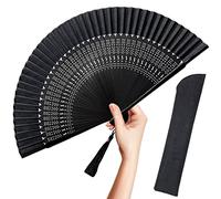 OMyTea Éventail chinois/japonais vintage pliable pour femme, en soie et en bambou, convient pour se rafraîchir partout (église, concert, danse, etc.), la décoration, comme cadeau, noir (Sexy Black)