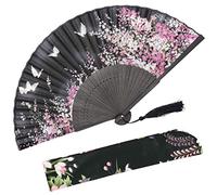 Omytea éventail pliant pour femme - Style rétro vintage chinois/japonais - avec une poche en tissu pour sa protection Fleur de cerisier Wzs-black