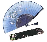 Omytea "Grassflower" éventail pliant pour femme - Style rétro vintage chinois/japonais - avec une poche en tissu pour sa protection, bleu