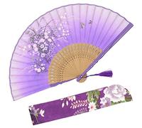 Omytea "Grassflower" éventail pliant pour femme - Style rétro vintage chinois/japonais - avec une poche en tissu pour sa protection, violet