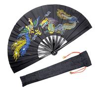 OMyTea Performance Grand éventail pliable à main - Kung Fu Tai Chi chinois/japonais pour homme/femme - Pour décoration/danse/combat/cadeau (dragon noir et phénix)