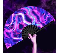 OMyTea Ventilateur pliable UV Glow Rave pour femme/homme/Drag Queen - Grand éventail pliable pour EDM, festival de musique, événement, fête, danse, performance (néon psychédélique)