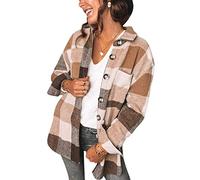 OMZIN Carreaux pour Femmes Boutons Veste de Chemise à Carreaux avec Poches Chemise légère à Manches Longues de Style Petit ami d'automne Marron XXL