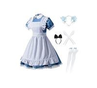 OMZIN Classic French Maid Costume Tablier Robe Kawaii Cosplay Tenue Couvre Tête Gants Chaussettes Set De 5 Blanc Bleu 4XL
