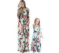 OMZIN Été Boho Manches Longues Maman Et Moi Robe Imprimé Floral Robe Libre Famille Tenues Appropriées Casual B-Fleurs Vert 3-4 Ans