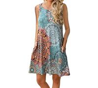 OMZIN Eté sans Manches Solide Mi-Longue Tunique T-Shirt Robe pour Femme Libre Swing Flowy Robe Bleu XXL