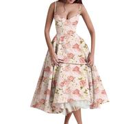 OMZIN Femme 1950 Sweetheart Col Spaghetti Sundress Double Couche Mesh Cocktail Party Prom Gown Flower Big Pink XS