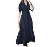 OMZIN Femme Empire Taille Longue Bouton Bas A-Line Rayé V Col 3/4 Manches Robe Ceinture Bleu Marine XXL
