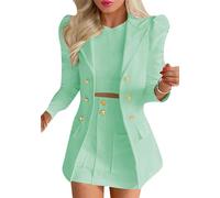 OMZIN Femme Manches Longues Ensembles d'affaires Couleur Solide Poche Taille Haute Jupe Costume Ensemble Bouton Bas Veste Vert Clair XS