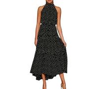 OMZIN Femme Neckholder Robe De Vacances sans Manches avec Ceinture Fleur Loisirs Empire Taille Maxi Robe Noir Dot S