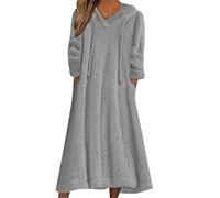 OMZIN Femme Toison Floue Hoodie Night Dress Hooded House Sleepwear Flannel Chemises De Nuit avec Poches Gris XL