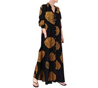 OMZIN Femmes Casual Maxi Robe Floral Bouton en Duvet Rouleau Long Coton Lin Pochette Robe Anneau Arbre Jaune XL
