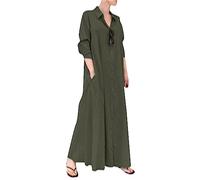 OMZIN Femmes D'été Coton Chanvre Robe Grande Taille Boucle en Velours Robe Longue Tunic Chemise Robe Vert Armée 3XL