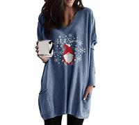 OMZIN Femmes Drôle De Graphisme De Noël Pulls Légers Manches Longues Basic Pulls Shirt Bleu XXL