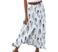OMZIN Femmes Été Longue Jupe Bouton Avant Jupe Taille Haute Linge Jupe Slit A-Line Jupe Flare Graffiti Bleu L