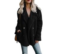OMZIN Femmes Fausse Toison Veste Poches Double Breasted Casual Manches Longues Outwear Noir S