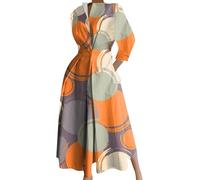 OMZIN Femmes Imprimé Col V Long Plissé Fermeture éclair Robe Chemise à Manches Longues avec Poches Dots Orange S