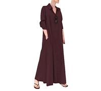 OMZIN Femmes Manches Longues Fourche Coton Chanvre Maxi Chemise Robe Revers Boutonné Chemise Robe Vin Rouge XXL