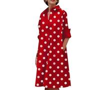 OMZIN Femmes Midi Boho Manches Longues Chemise Robes Bouton Loose Couleur Bloc Lapel V Cou Robes Polka Dots Rouge L