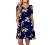 OMZIN Femmes Plage De Mode Col Rond Robes Swing Tunique Chemise Robe D'été De Mode Bleu Rose 3XL