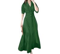OMZIN Femmes Revers V Décolleté Bouton Bas Taille Haute Flowy Froncé Trois Quarts Manches Maxi Robe Verte XXL