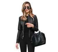 OMZIN Femmes Snap Neck Similicuir Zip Jacket Solid Color Veste De Moto Courte Et Légère Noir XXL