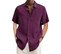 OMZIN Hommes été Revers Chemise Lin Léger Manches Courtes Chemise Bouton Ordinaire Doudoune Rouge Pourpre 3XL