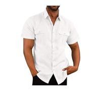 OMZIN Hommes Plage Vacances Chemises avec Poches Léger Chemise De Lin De Base Casual Bouton vers Le Bas Hauts Texturés Blanc XL