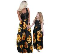OMZIN Maman Et Moi Robes sans Manches Imprimées De Fleurs Col Rond Réservoir Été Poches Assorties Robe De Pâques Tenues Tournesol 7/8