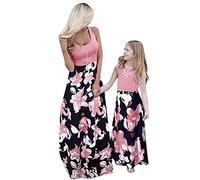 OMZIN Mothers and Daughter Family Robe D'été Stripes Maniche Tromba Robe Lace Mini Robe A Line Beach Dress Party Robe Fleur Rouge 5-6 Ans