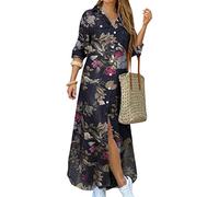 OMZIN Robe Chemise Imprimée à Manches Longues pour Femmes Casual Loose Pocket Button Down Split Party Maxi Robes Fleur Noir M
