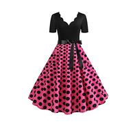 OMZIN Robe De Cocktail à Pois en V pour Femmes des Années 1950 Rockabilly Audrey Hepburn Robe à Manches Courtes Rose XS