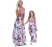 OMZIN Robe Longue Maxi Mère Et Fille Robe sans Manches A-Ligne Robe D'été De Fête Robe Sundress Splice Robe De Plage Violet Fleur 9-10 Ans