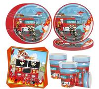 OMZSXK Camion de pompiers Vaisselle de fête 16 invités,Pompier Assiettes de fête Vaisselle d'anniversaire,Camion de pompiers Assiettes en carton Gobelets Serviettes