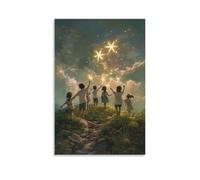On A Peaceful Hill, Children Draw Radiant Cross In The Air with Their Hands, As Angels Gather to Witness in Awe. Décoration murale contemporaine - Poster décoratif à suspendre 40 x 60 cm