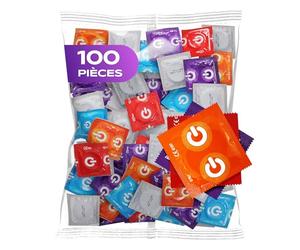 ON) Mix de préservatifs I Pack de 100 I Préservatifs premium 7 types & tailles, 54 mm de large I 20x extra fins, naturels & nervurés I 10x extra forts, parfums fraise, banane, chocolat