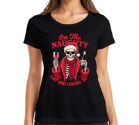 On The Naughty List and Loving It T-shirt pour femme Motif tête de mort de Noël, Noir , XL