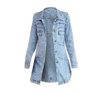 OnaiC Veste en jean longue pour femme - Trencoat - Grandes tailles - Coupe-vent - Veste demi-saison - Col à revers - Manteau d'hiver - Longueur moyenne - Manteau de poche - Manches longues - Veste
