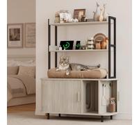 ONBRILL Meuble de litière caché de 137 cm avec étagères et prises de courant, maison en bois moderne du milieu du siècle avec porte coulissante et crochets, blanc